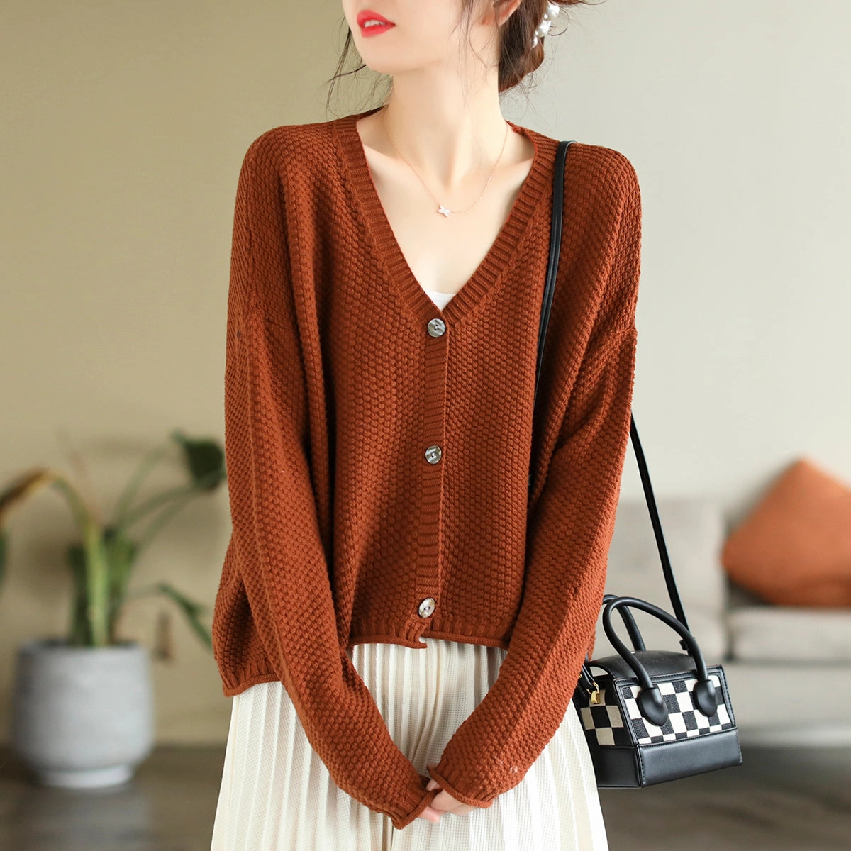 Women Autumn V-Neck Cotton Knitted Cardigan Compact Packable
