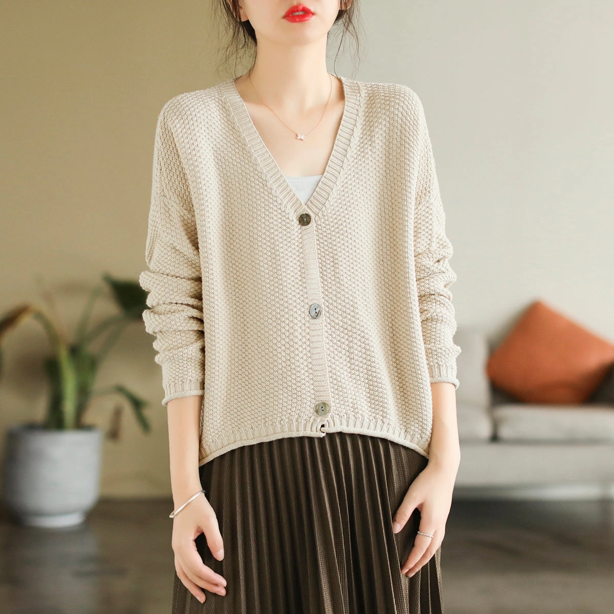 Women Autumn V-Neck Cotton Knitted Cardigan Fashion Trend Advanced Wickability System