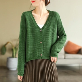 Women Autumn V-Neck Cotton Knitted Cardigan Anti Static Interior