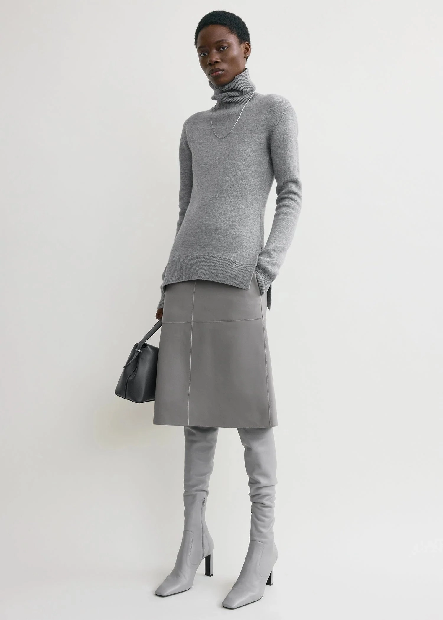 High-neck Double Knit Sweater in Pale Grey Melange Garment Washed