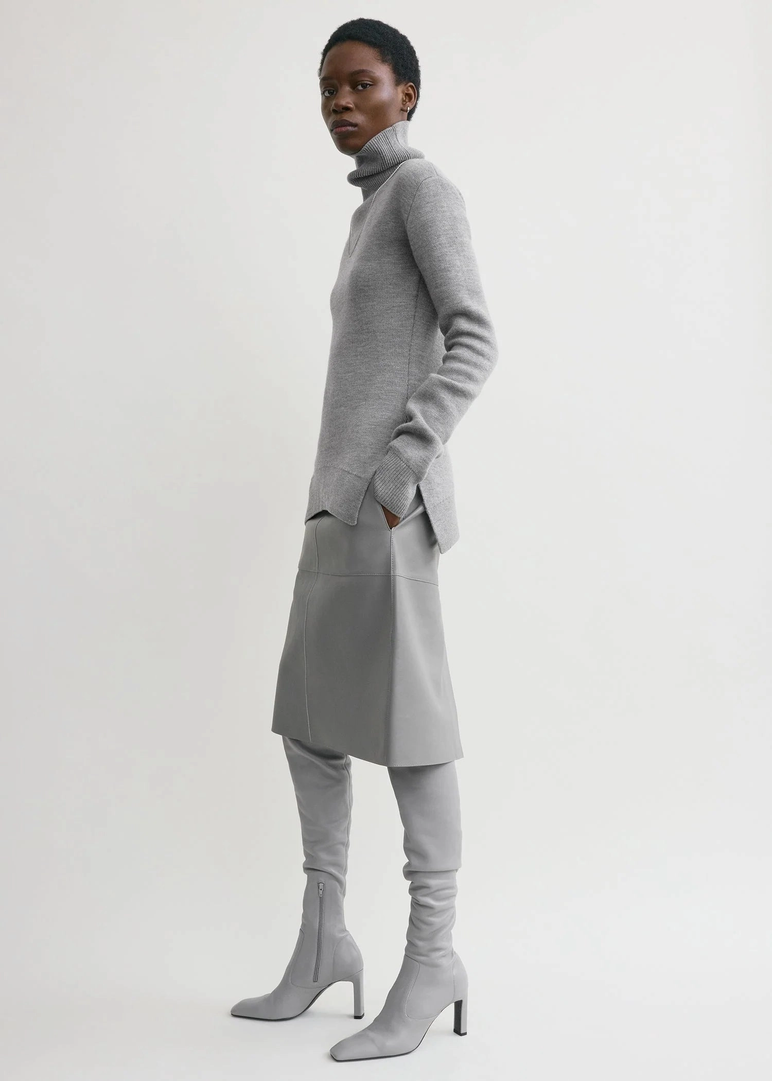 High-neck Double Knit Sweater in Pale Grey Melange Reinforced Stress Points Wear Resistant Fabric