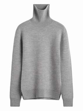 High-neck Double Knit Sweater in Pale Grey Melange Easy Wear Smooth Interior Lining