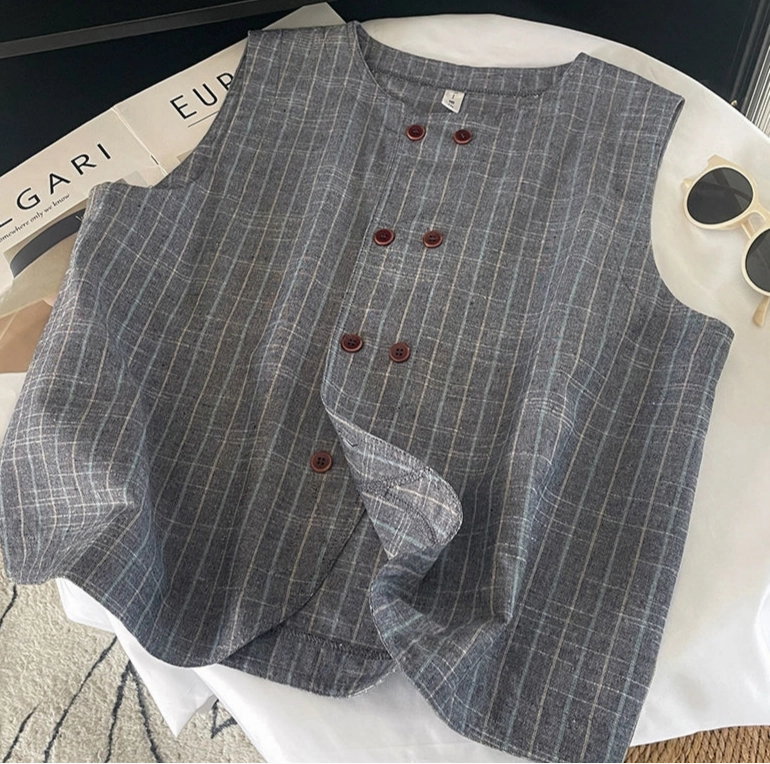 Fashion Retro Double-Breasted Plaid Linen Vests for Women Easy Fit Piece All Year Use