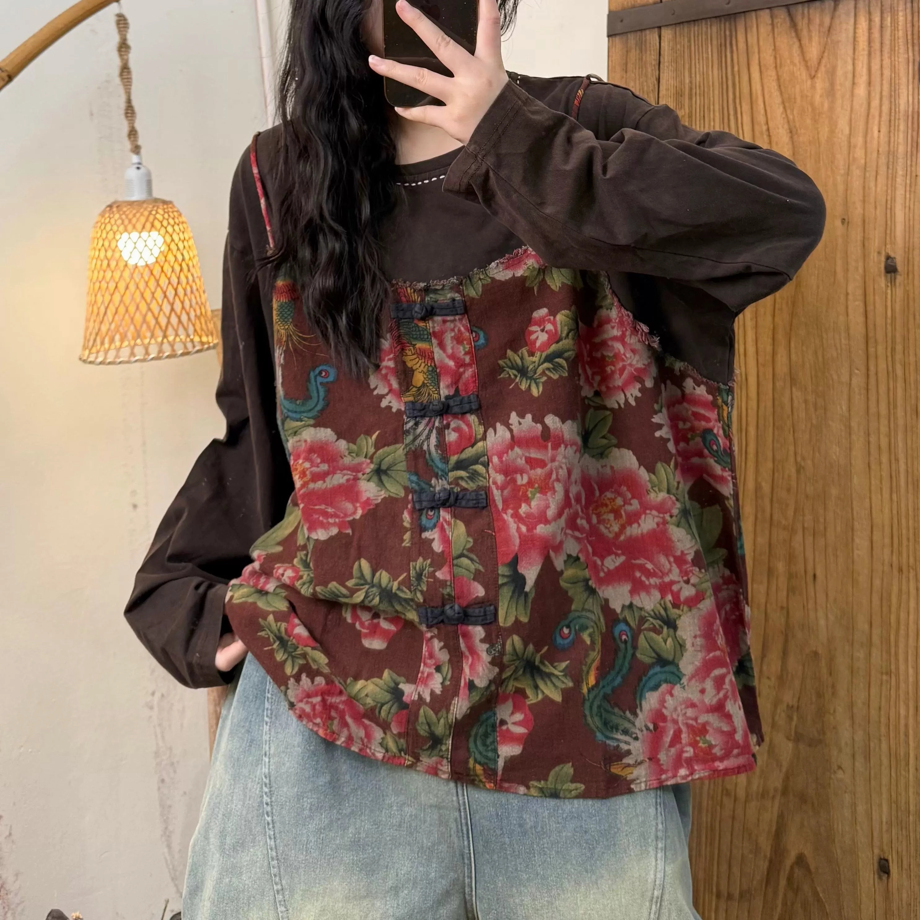 Women Spring Retro Cotton Printed Floral Loose Vest Ski Use