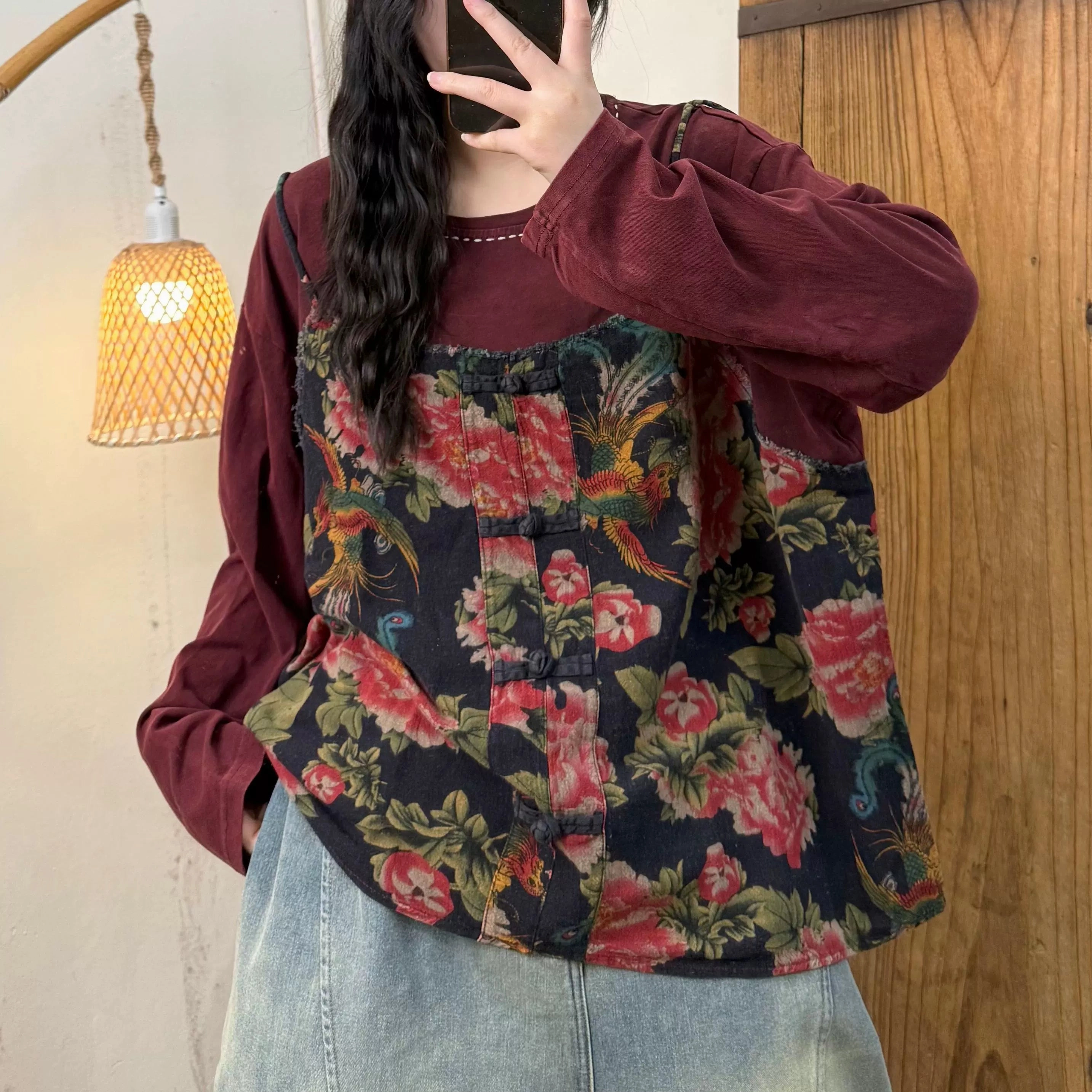 Double Layered Hood Heat Trapping Layer Women Spring Retro Cotton Printed Floral Loose Vest