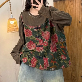 Windproof Hood FlexFoldPackaging Women Spring Retro Cotton Printed Floral Loose Vest