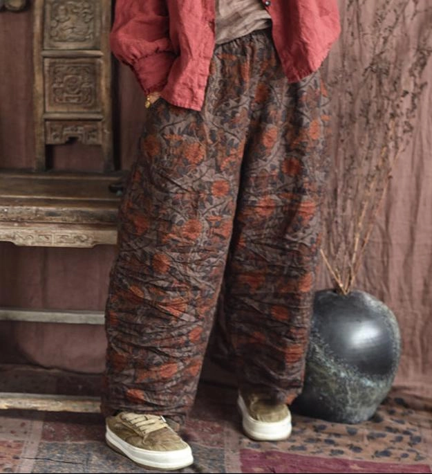 Loose Vintage Printed Casual Washed Wide-Leg Line Pants Moisture Management Comfortable Band