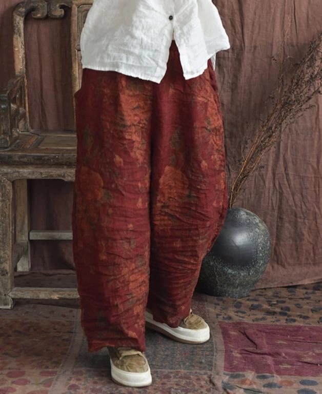 Loose Vintage Printed Casual Washed Wide-Leg Line Pants No Tag Shrink Proof