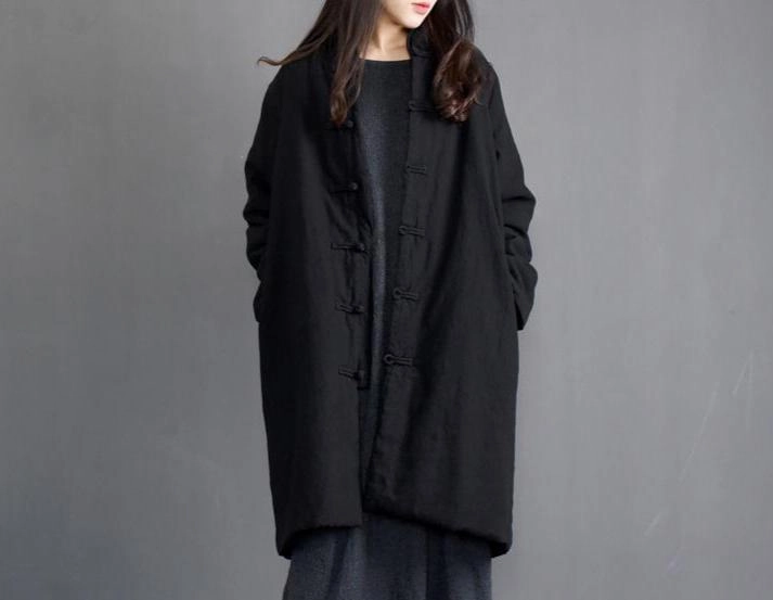 Women Padded Mid- Length Linen Cotton Thick Coat Transitional City Fit Anti Slip Shoulder Pads