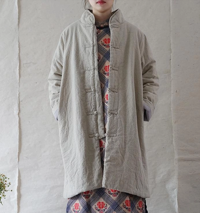 Women Padded Mid- Length Linen Cotton Thick Coat Ergonomic Tailoring Neutral Tones Look
