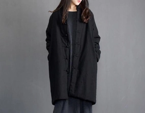 Women Padded Mid- Length Linen Cotton Thick Coat Transitional City Fit Anti Slip Shoulder Pads