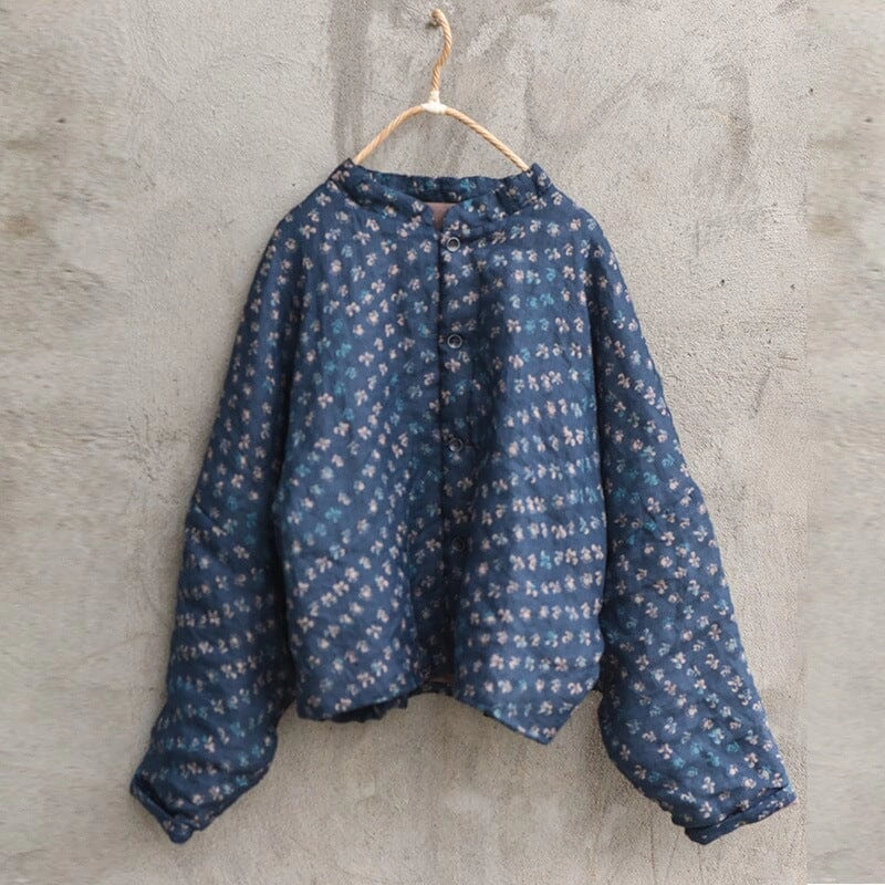 Full Length Zipper Closure Sealed Seams Women Retro Linen Floral Printed Padded Ramie Coat