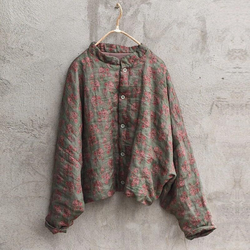 OdorResistantTreatment Women Retro Linen Floral Printed Padded Ramie Coat