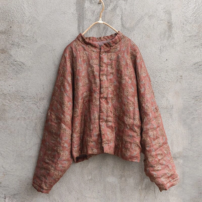 Women Retro Linen Floral Printed Padded Ramie Coat Pre Shrunk Cotton Blend