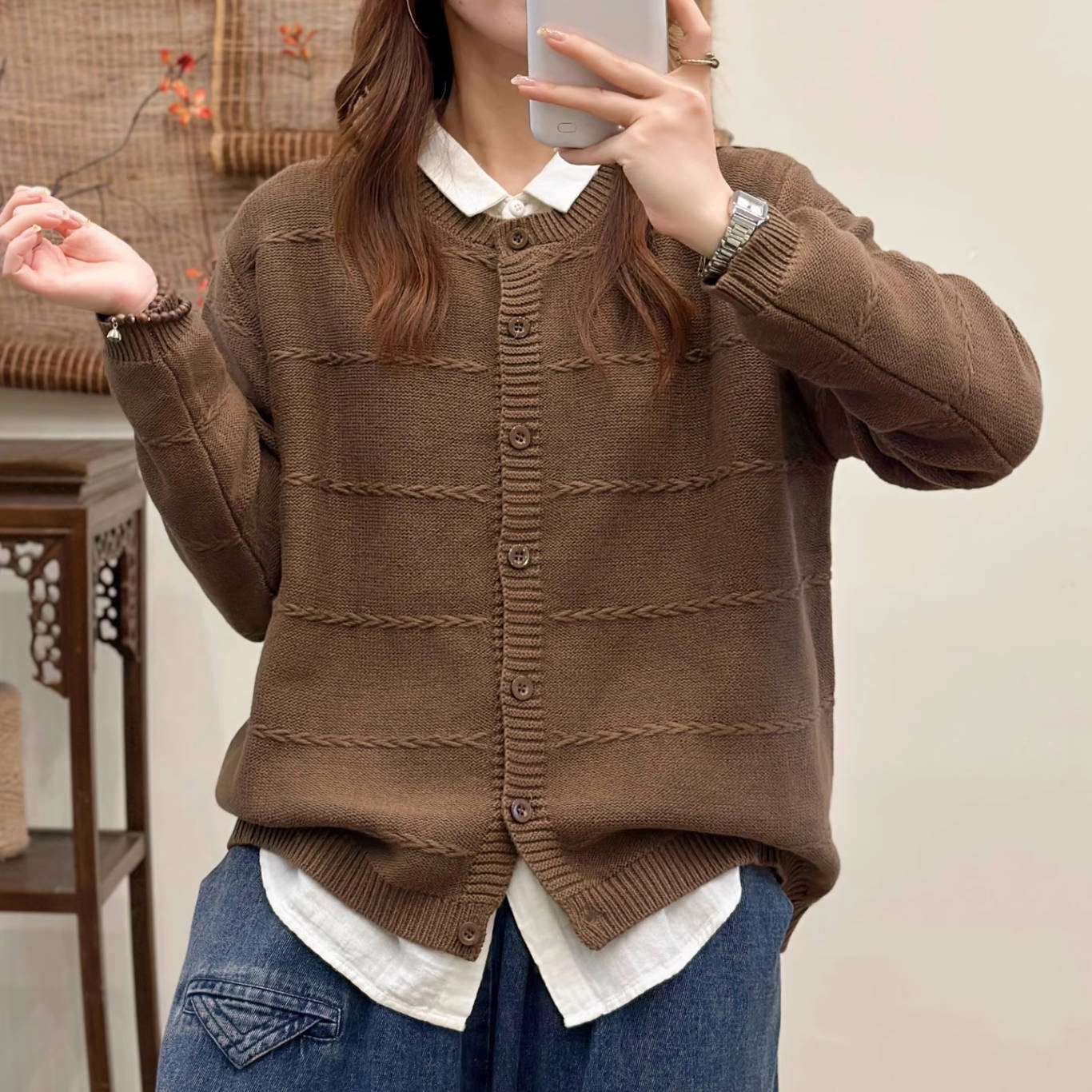 Low Profile Fastening Cotton Warm Long Sleeves Casual Round Neck Cardigans