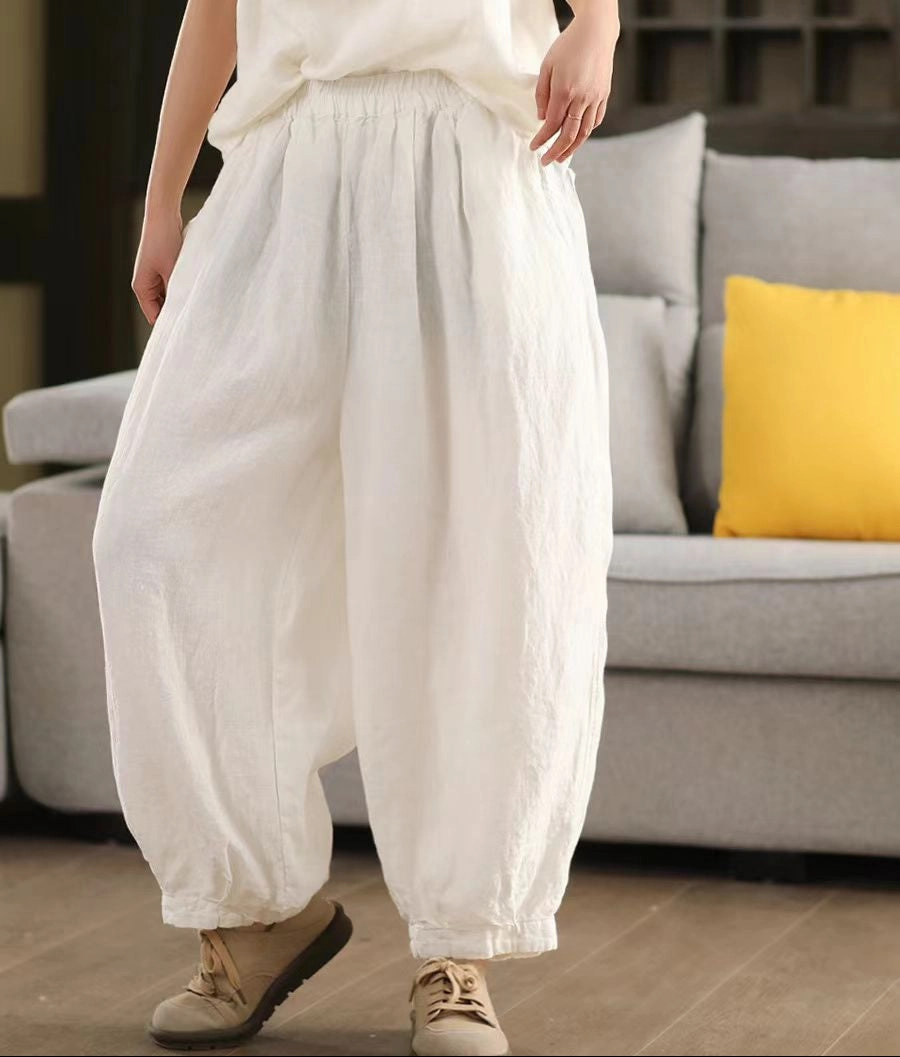 Ladies Spring Loose Vintage Washed Solid Linen Harem Pants Ventilated fabric