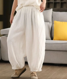Ladies Spring Loose Vintage Washed Solid Linen Harem Pants Ventilated fabric