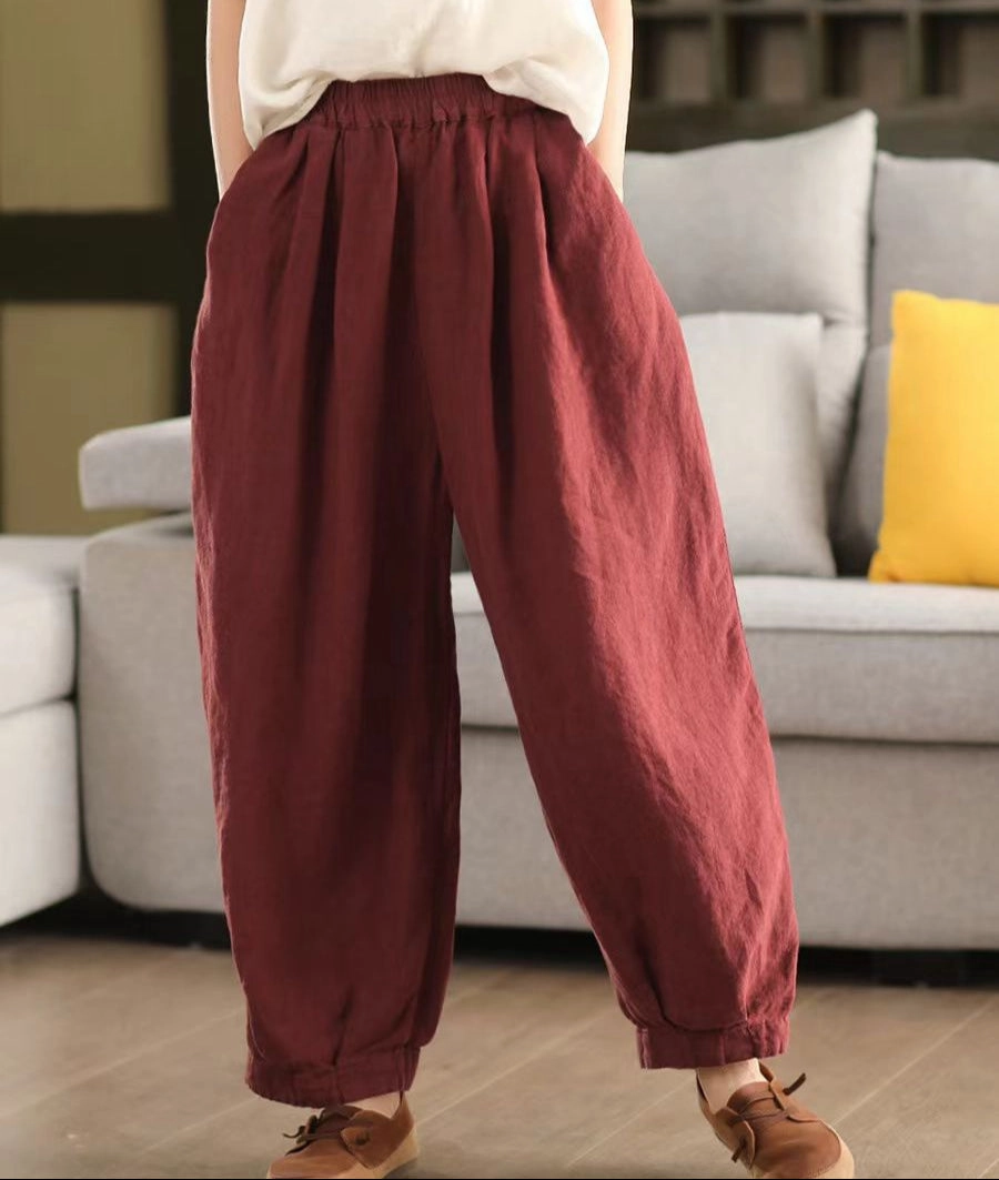Flexible Fabric Ladies Spring Loose Vintage Washed Solid Linen Harem Pants