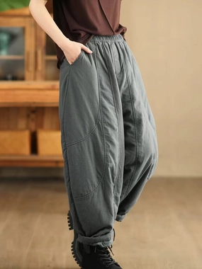 Adaptable Fabric Easy Movement Spliced Warm Thick Loose Padded Trousers for Women