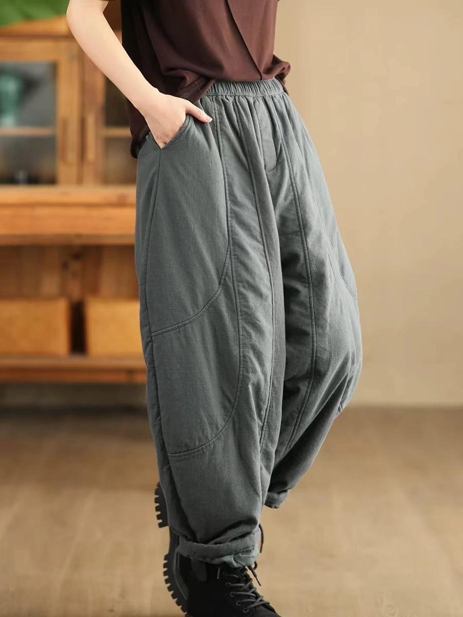 Adaptable Fabric Easy Movement Spliced Warm Thick Loose Padded Trousers for Women
