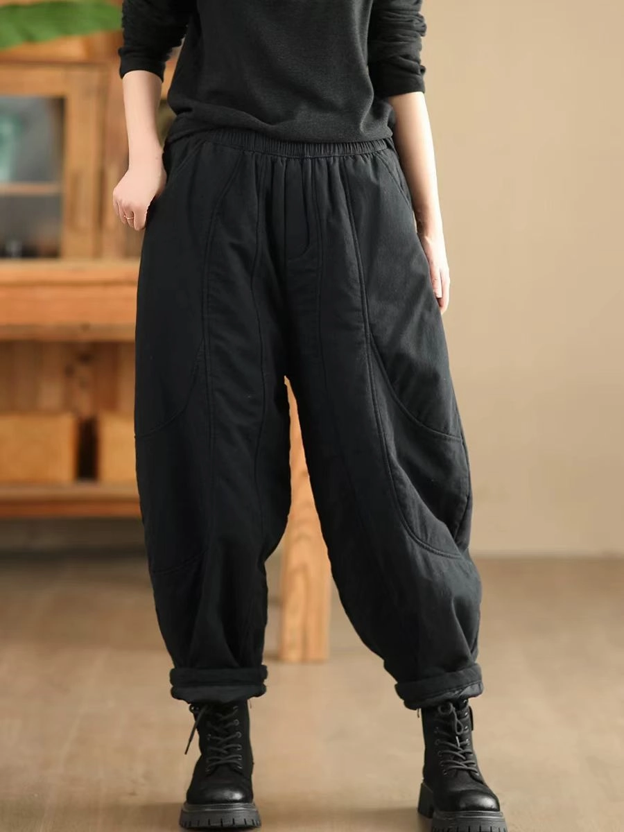 Spliced Warm Thick Loose Padded Trousers for Women Daily Comfort