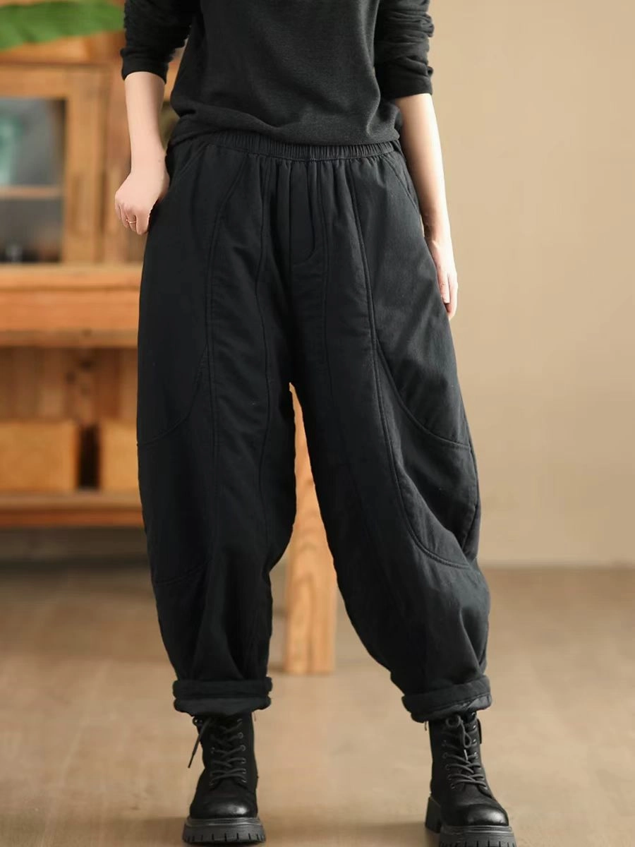 Polished Look Sleek Finish Spliced Warm Thick Loose Padded Trousers for Women