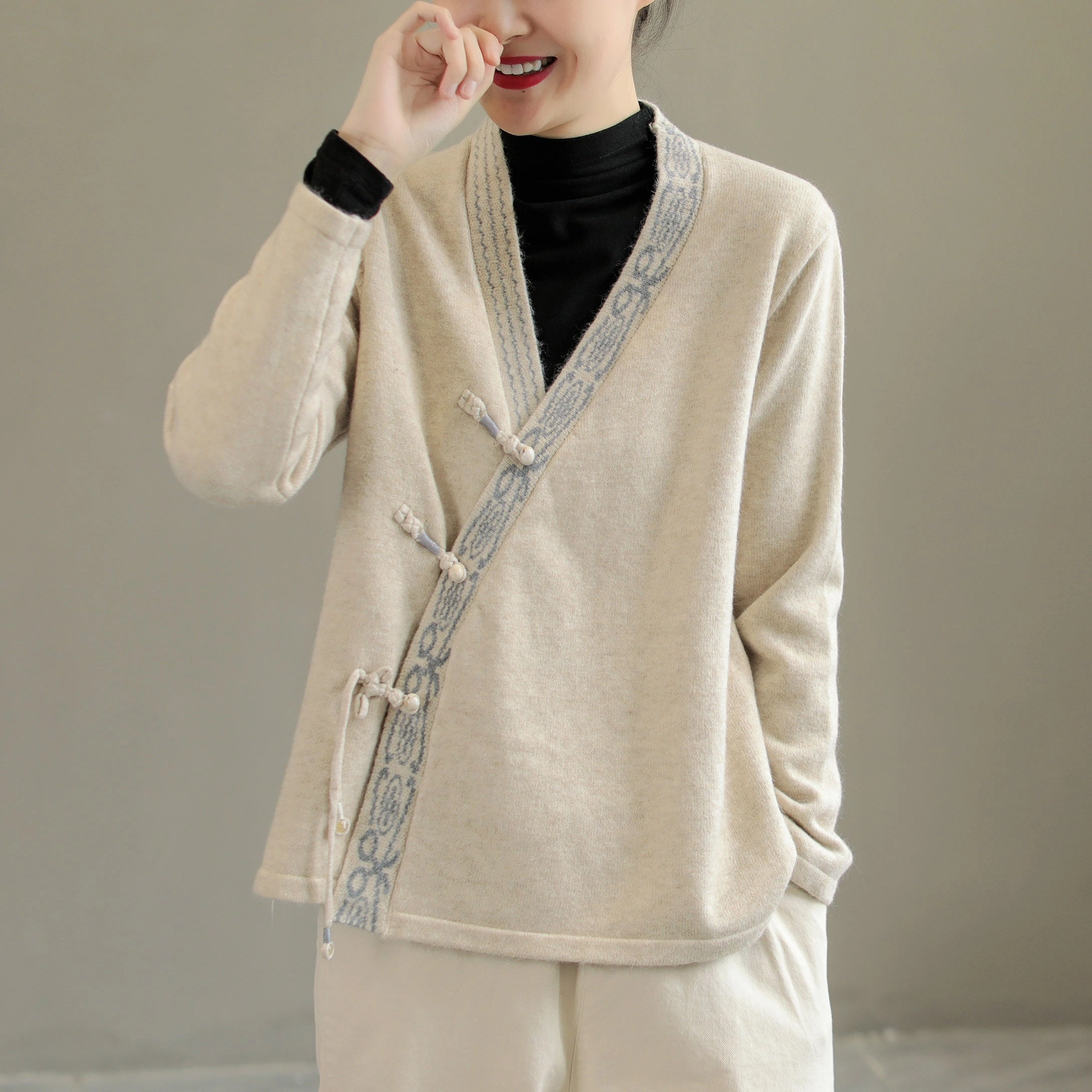 Cold Climate Non Slip Collar Women Retro Embroidered Knitted Asymmetric Front Coat