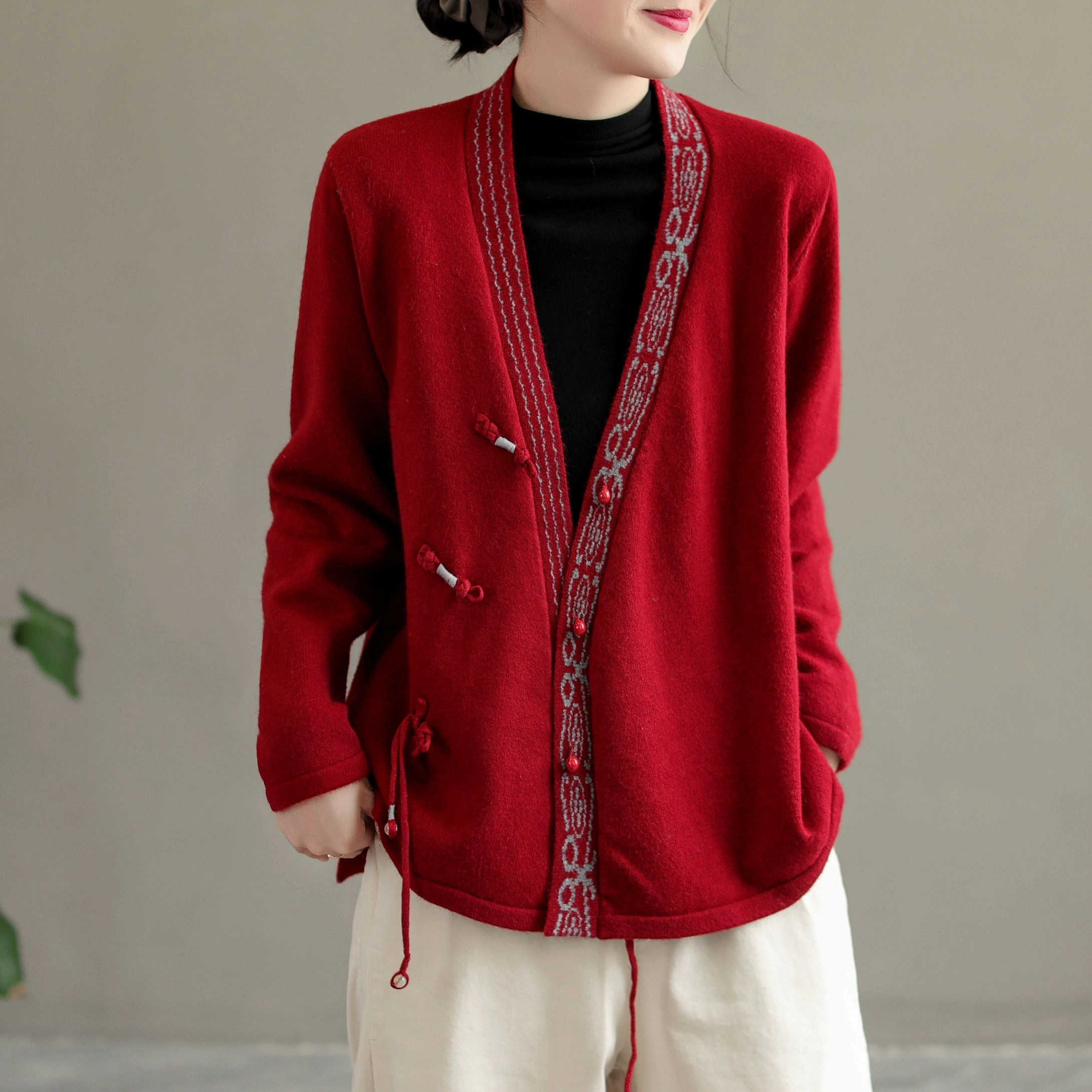Windproof Construction Women Retro Embroidered Knitted Asymmetric Front Coat