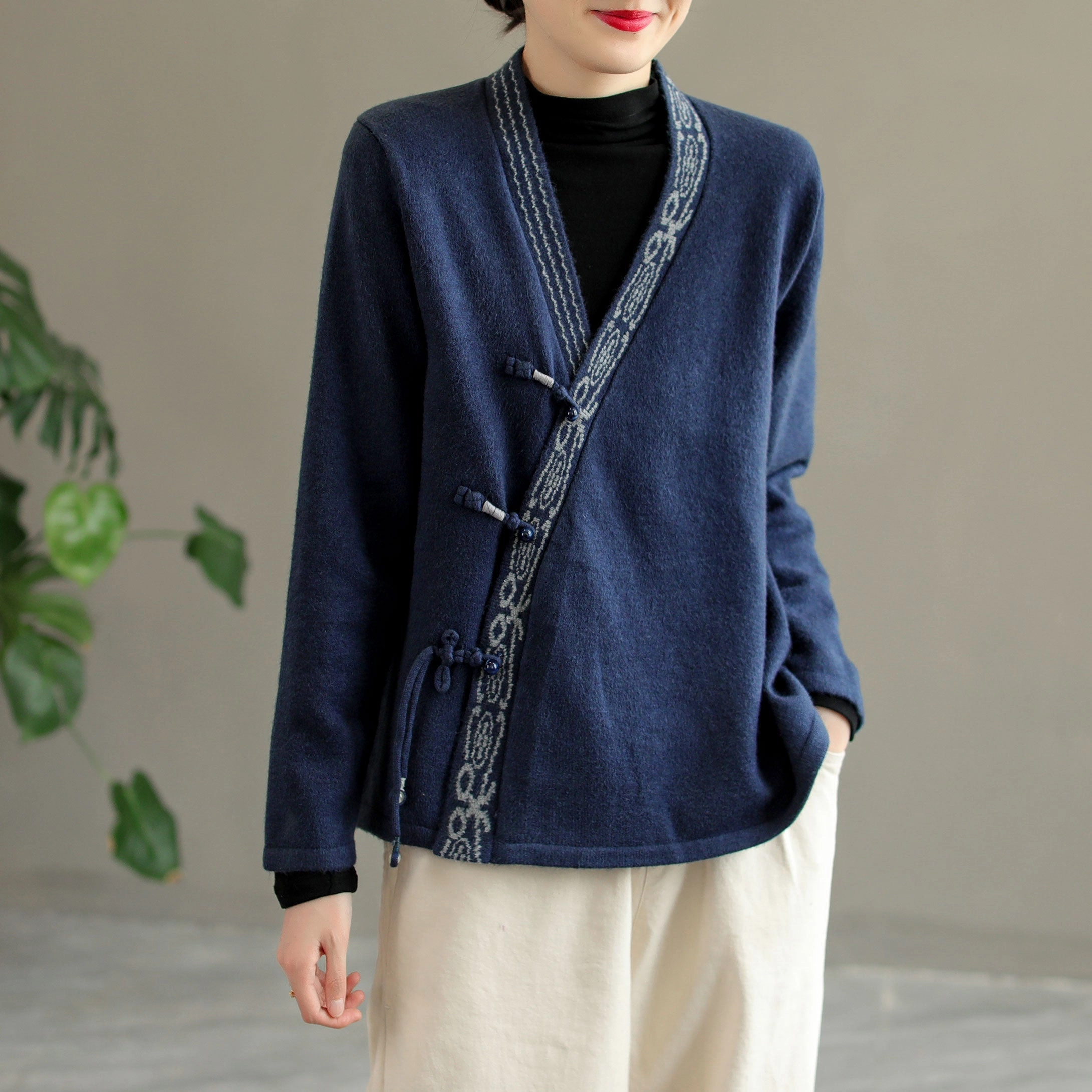 Women Retro Embroidered Knitted Asymmetric Front Coat AdjustableDrawcordHem Sleek Utility