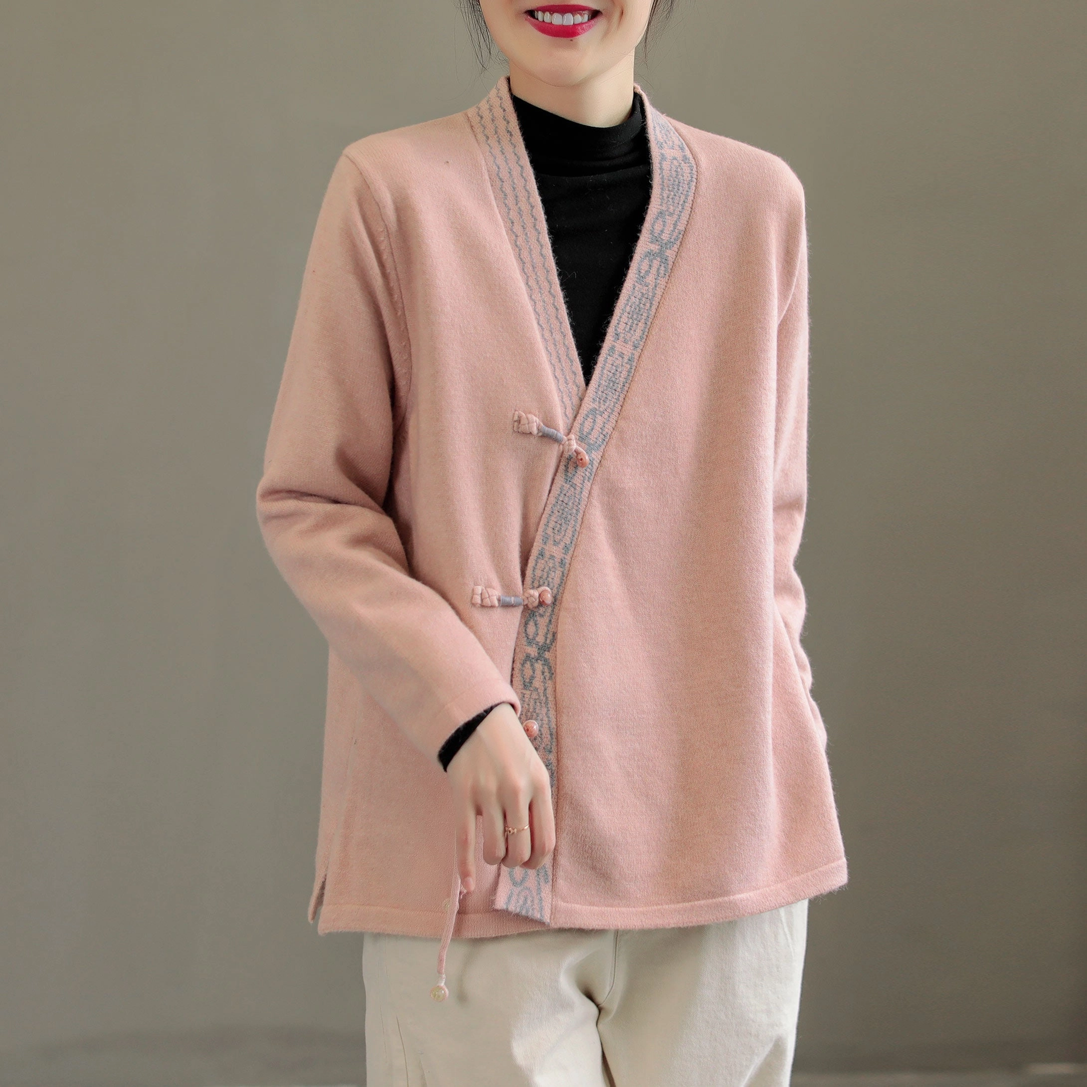 Women Retro Embroidered Knitted Asymmetric Front Coat Two Tone Design