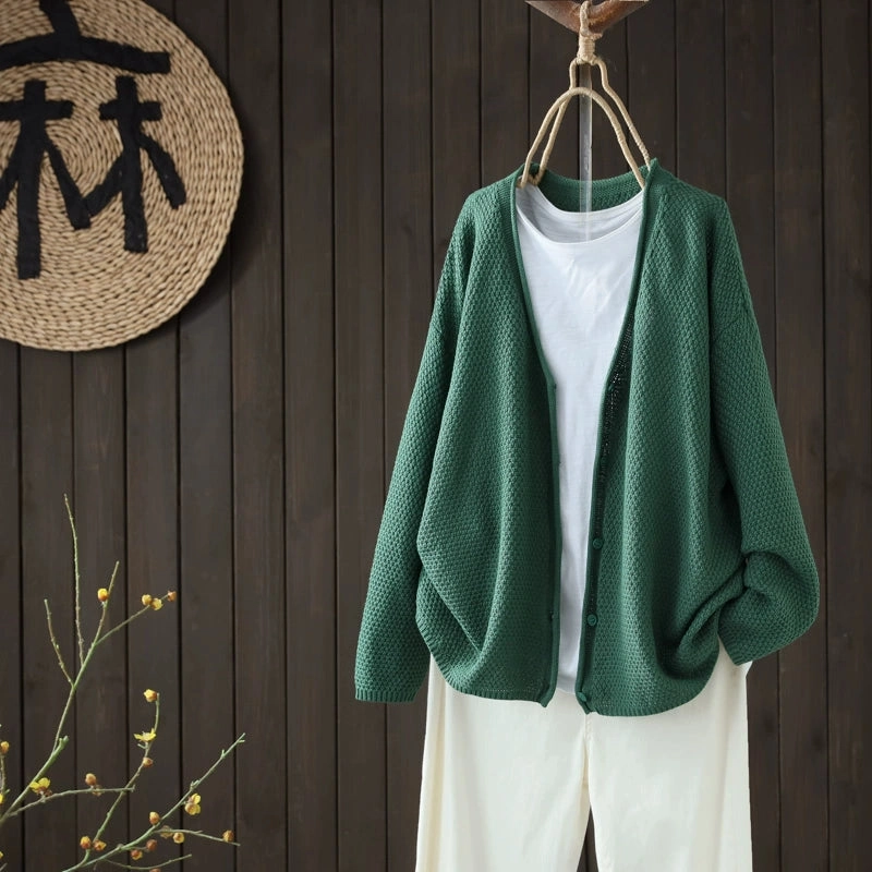 Dual Layer Insulation Retro Autumn Cotton Knitted V-Neck Casual Solid Color Cardigans