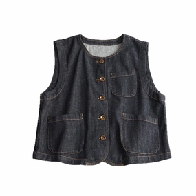 Retro Denim Round Neck Loose Pockets Single Breasted Vest AdjustableCuffs