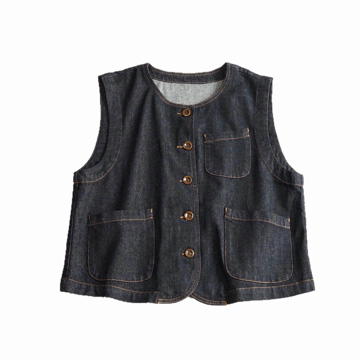 Retro Denim Round Neck Loose Pockets Single Breasted Vest AdjustableCuffs