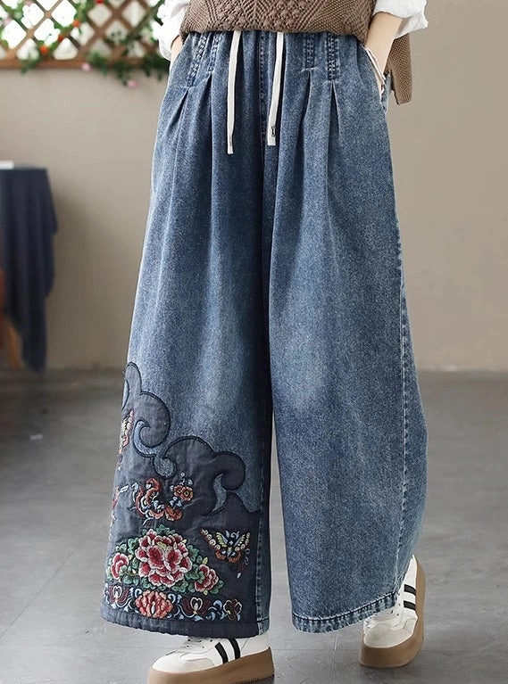 Retro Embroidered Elastic Waist Loose Wide Leg Jeans Tender Waist No Labels