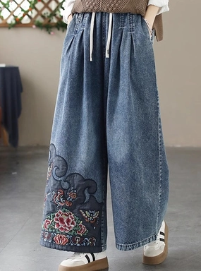 Comfortable lining Retro Embroidered Elastic Waist Loose Wide Leg Jeans