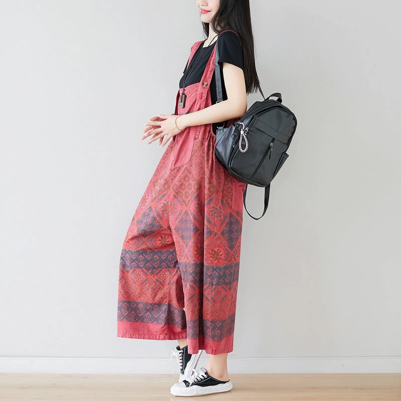 Smooth Finish Retro Ethic Printed Loose Strapped Pants