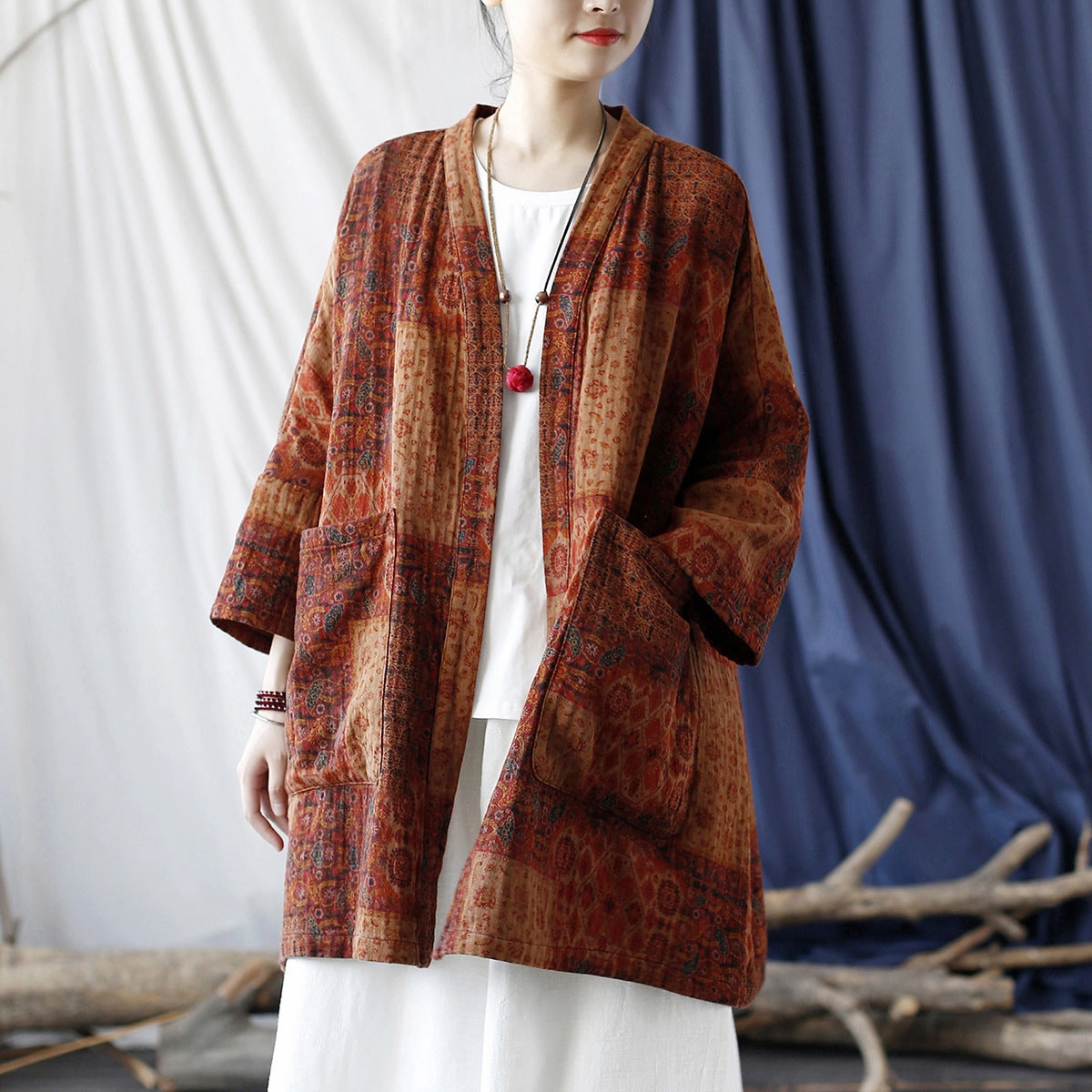 Retro Ethnic Printed Loose Cardigan Cotton Linen Outerwear Reinforced Shoulders WrinkleFreeFinish