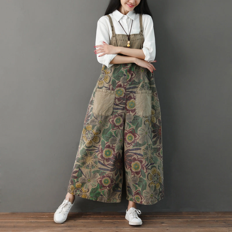 Retro Floral Printed Strappy Pants Protected Pockets Elastic Fit