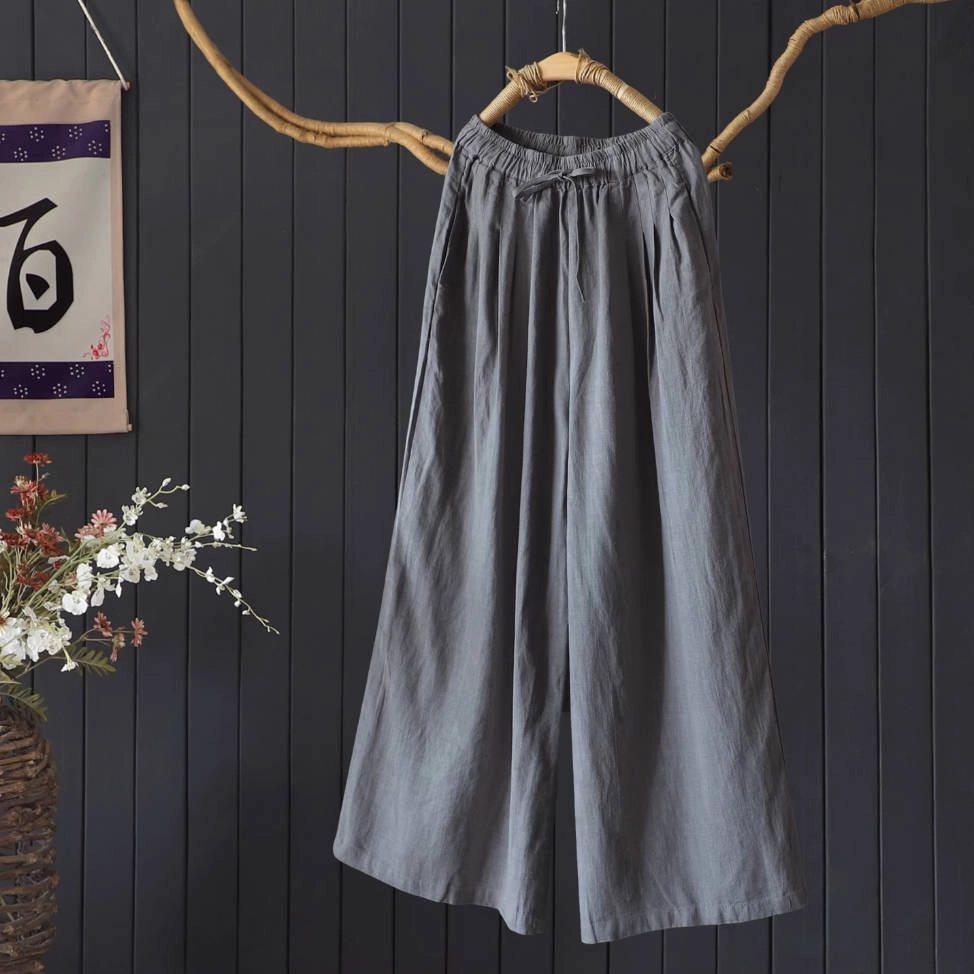 Retro Linen Autumn Loose Solid Color Casual Elastic Waist Pants Easy Fit