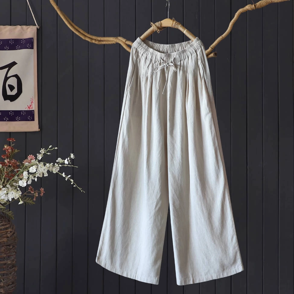 Retro Linen Autumn Loose Solid Color Casual Elastic Waist Pants Protected Pockets Unrestricted Fit