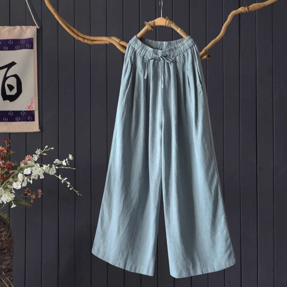 Fresh Fabric Retro Linen Autumn Loose Solid Color Casual Elastic Waist Pants