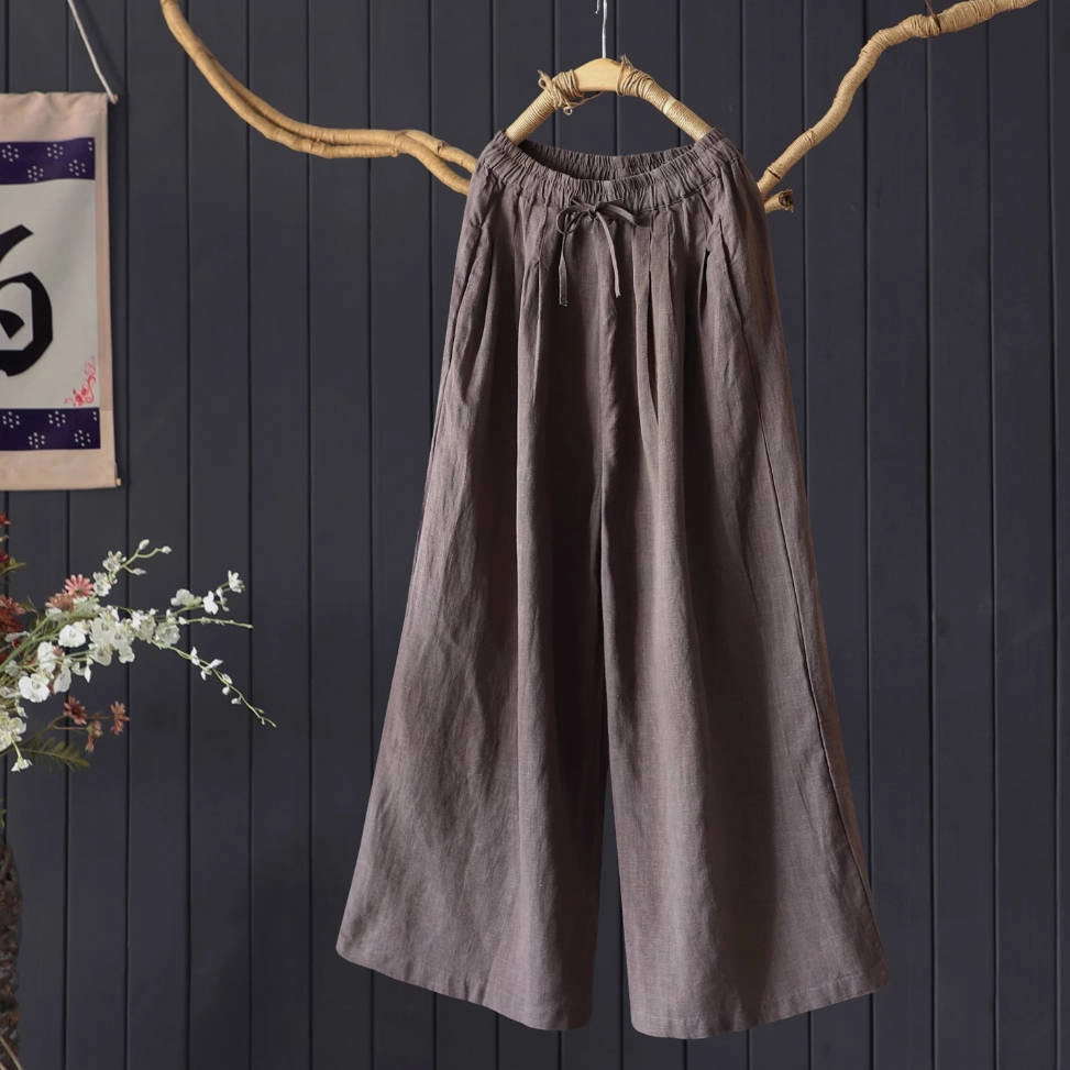 Easy Fit Retro Linen Autumn Loose Solid Color Casual Elastic Waist Pants