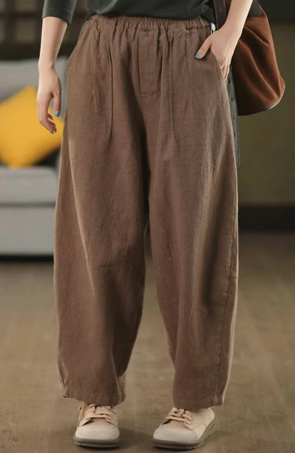 Fade Proof Colorfast Fabric Retro Linen Washed Cotton-In Elastic Waist Harem Pants