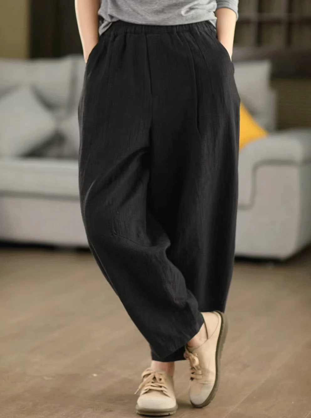 Retro Linen Washed Cotton-In Elastic Waist Harem Pants Durable Material Premium Quality