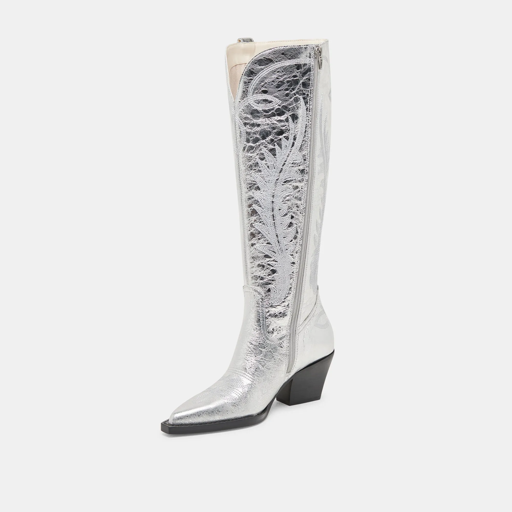 High Traction Slim Look RYATT EXTRA WIDE CALF BOOTS SILVER DISTRESSED LEATHER