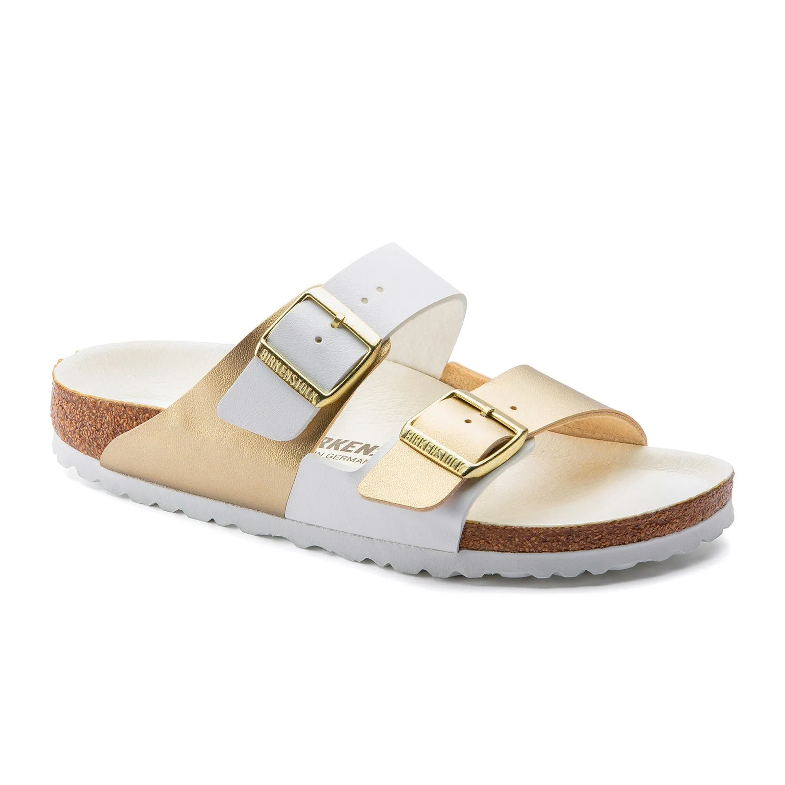 Evening Out Birkenstock Arizona Split Slide Sandal (Women) - White/Gold Birko-Flor