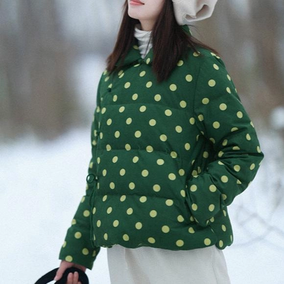Babakud Women Winter Retro Green Corduroy Polka Dot Short Down Puffer Jacket Easy Fit Piece
