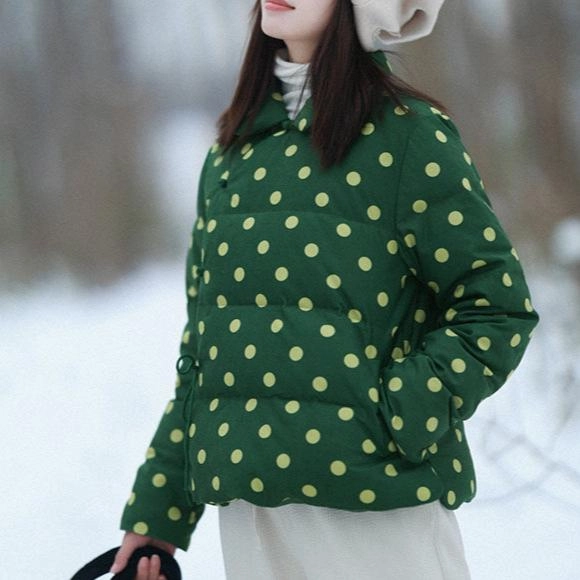 Easy Fit Babakud Women Winter Retro Green Corduroy Polka Dot Short Down Puffer Jacket
