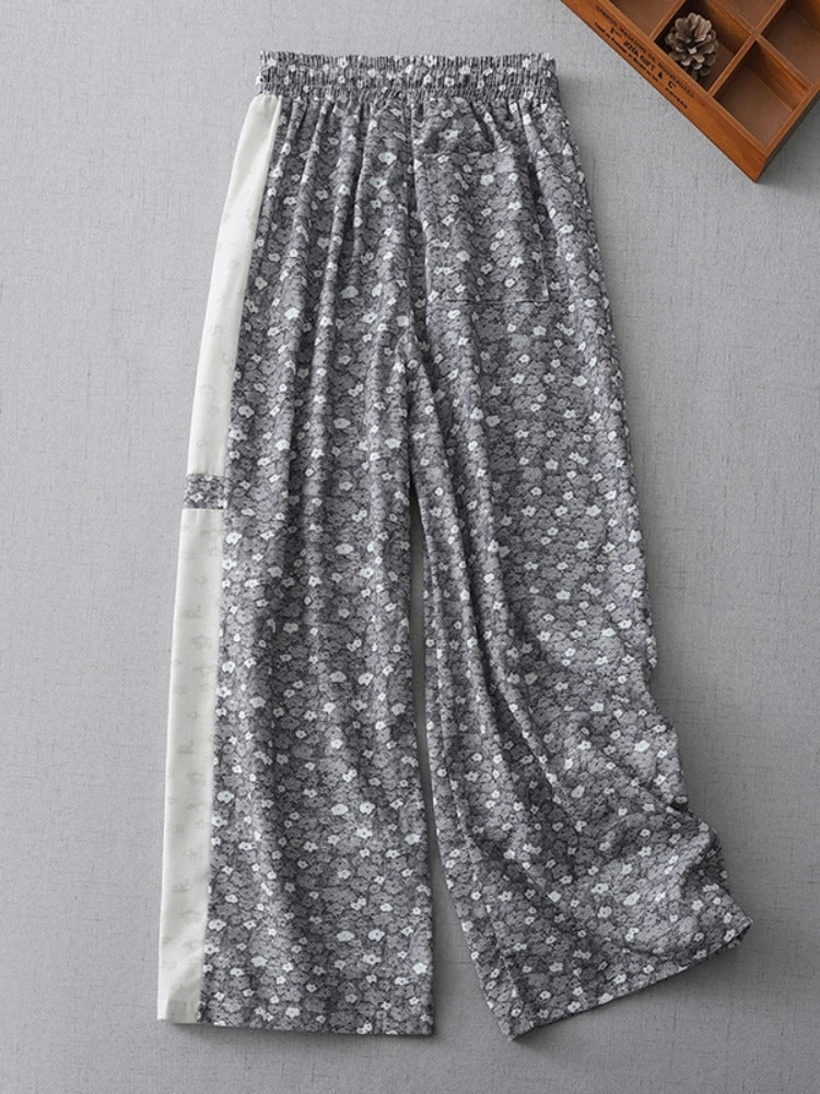 anti-odor Gentle Waist Black Casual Loose Spliced Floral Cotton Linen Wide-Leg Pants
