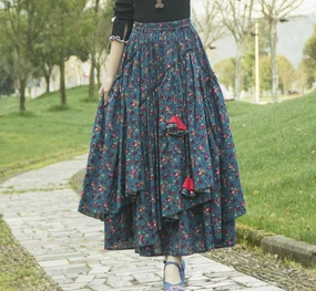 Vintage Floral Printed Ruffled Asymmetric Skirt Temperature Regulating